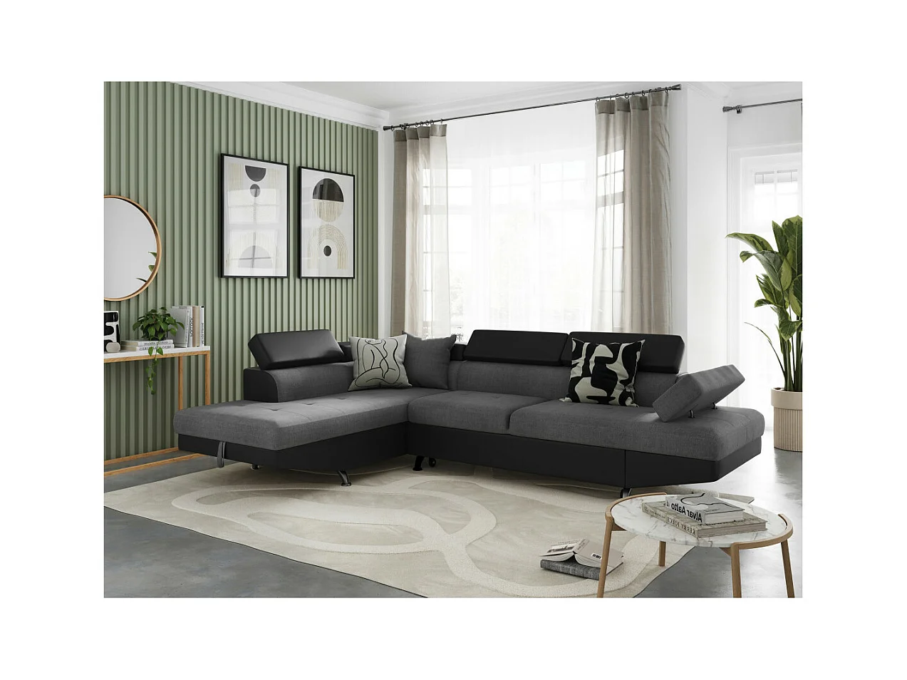 Canapé d'angle gauche 5 places Rio Convertible avec coffre en tissu et simili - Gris/Noir - L271 x P192 x H70cm - Loungitude
