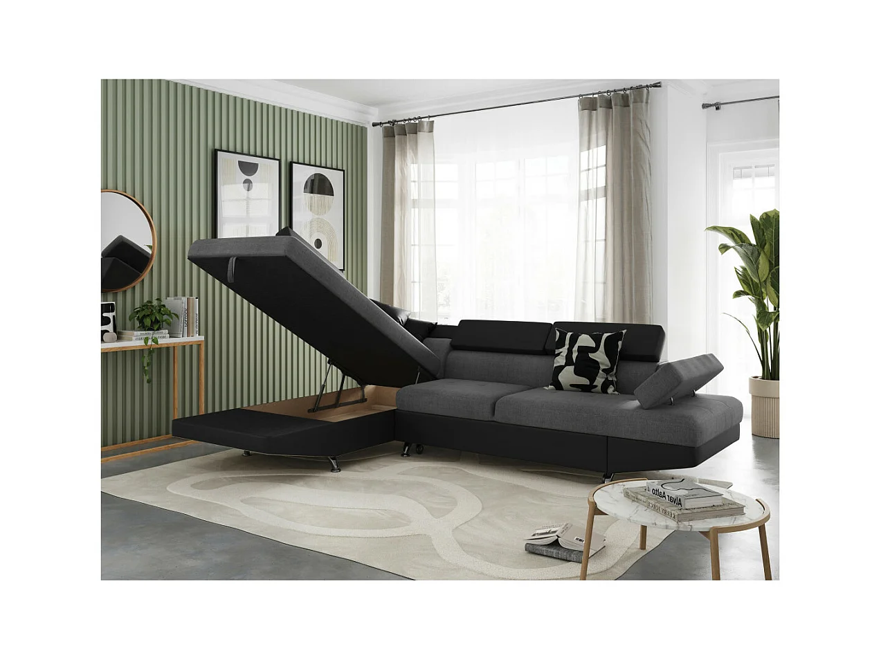 Canapé d'angle gauche 5 places Rio Convertible avec coffre en tissu et simili - Gris/Noir - L271 x P192 x H70cm - Loungitude