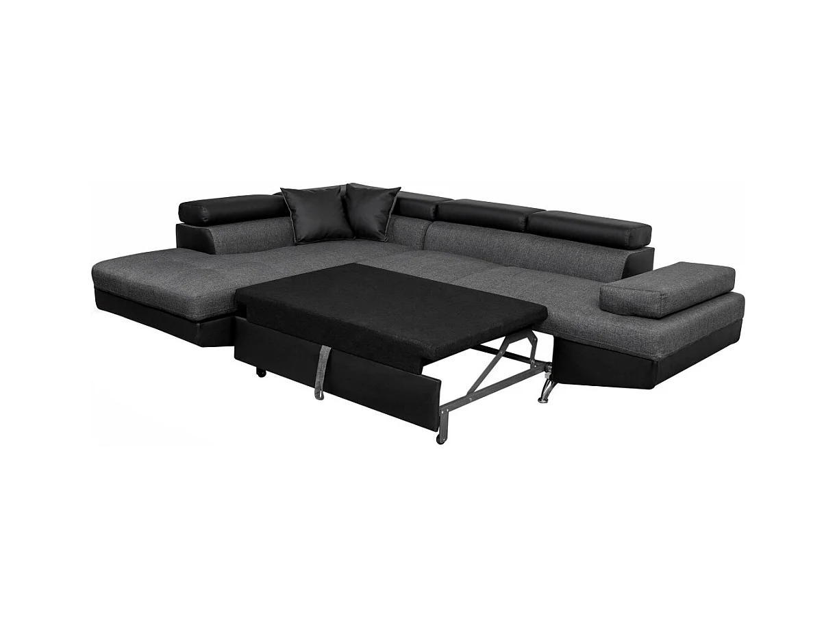 Canapé d'angle gauche 5 places Rio Convertible avec coffre en tissu et simili - Gris/Noir - L271 x P192 x H70cm - Loungitude