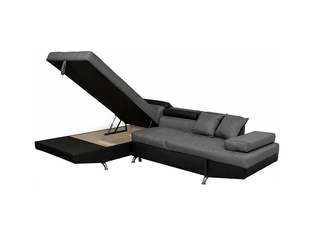 Canapé d'angle gauche 5 places Rio Convertible avec coffre en tissu et simili - Gris/Noir - L271 x P192 x H70cm - Loungitude