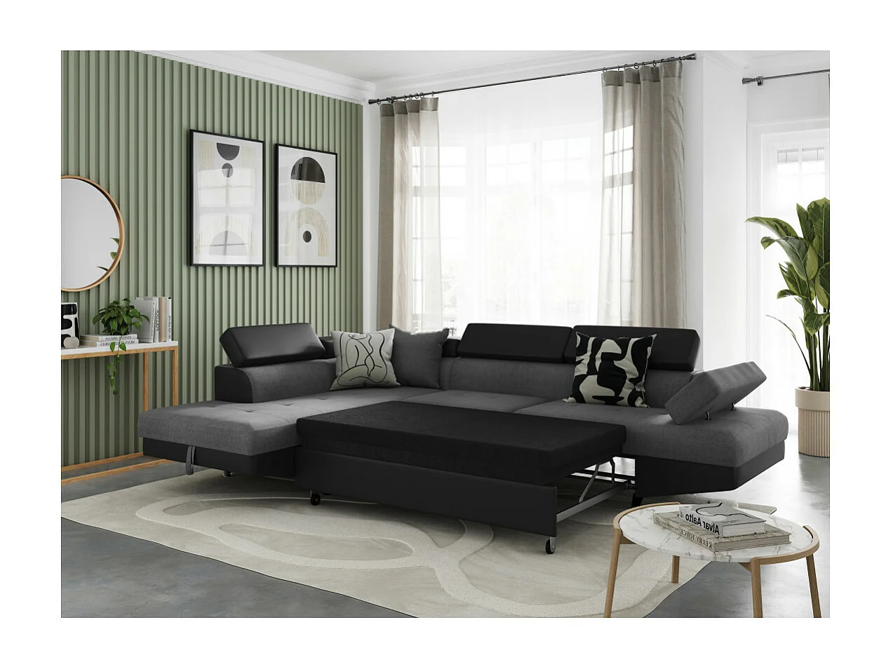 Canapé d'angle gauche 5 places Rio convertible avec coffre en tissu et simili - Gris/Noir - L271 x P192 x H70cm - Loungitude