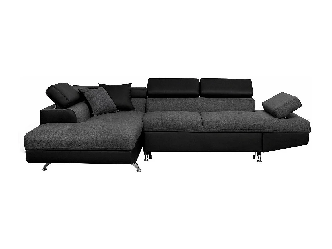 Canapé d'angle gauche 5 places Rio convertible avec coffre en tissu et simili - Gris/Noir - L271 x P192 x H70cm - Loungitude