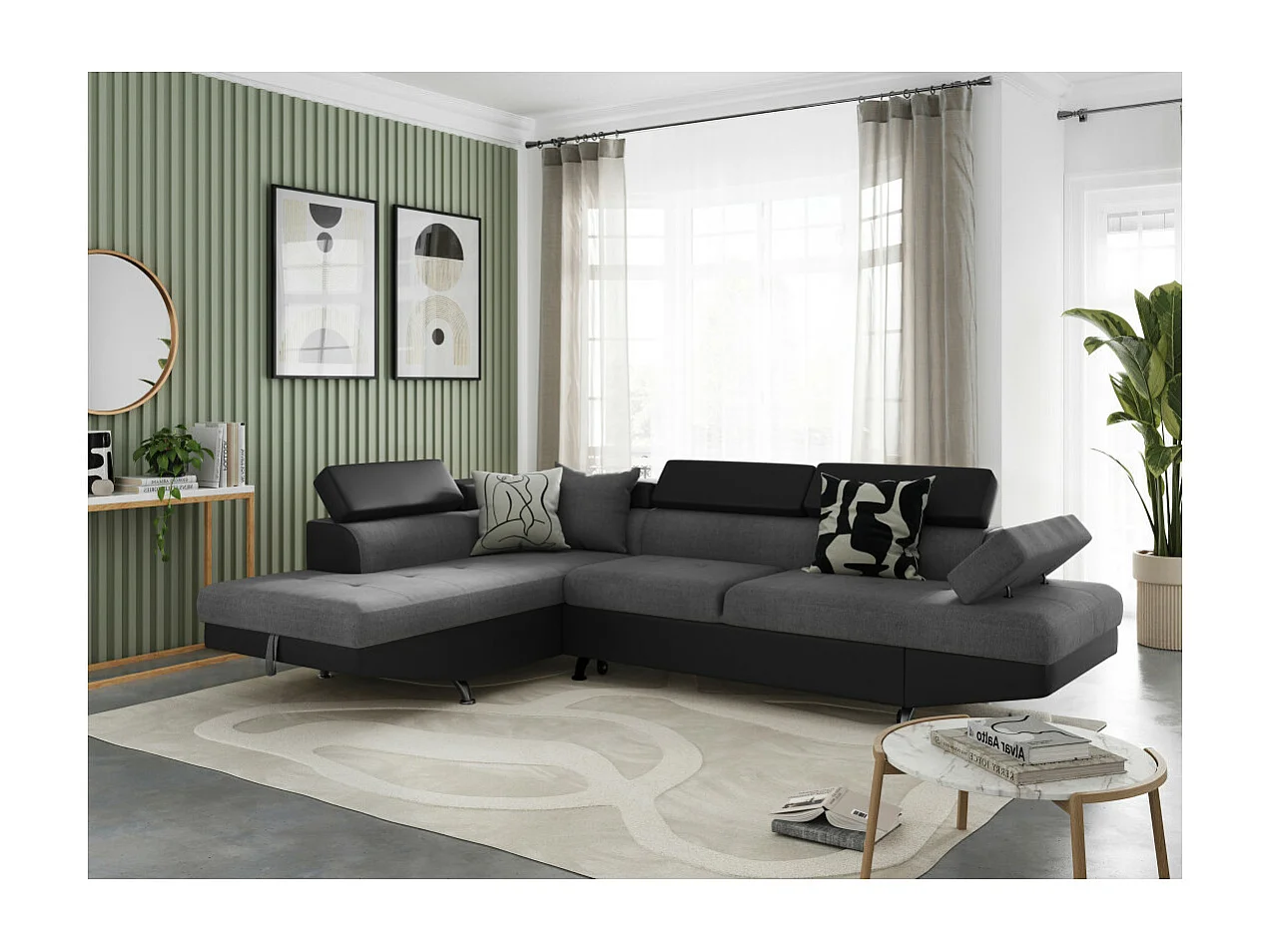 Canapé d'angle gauche 5 places Rio convertible avec coffre en tissu et simili - Gris/Noir - L271 x P192 x H70cm - Loungitude