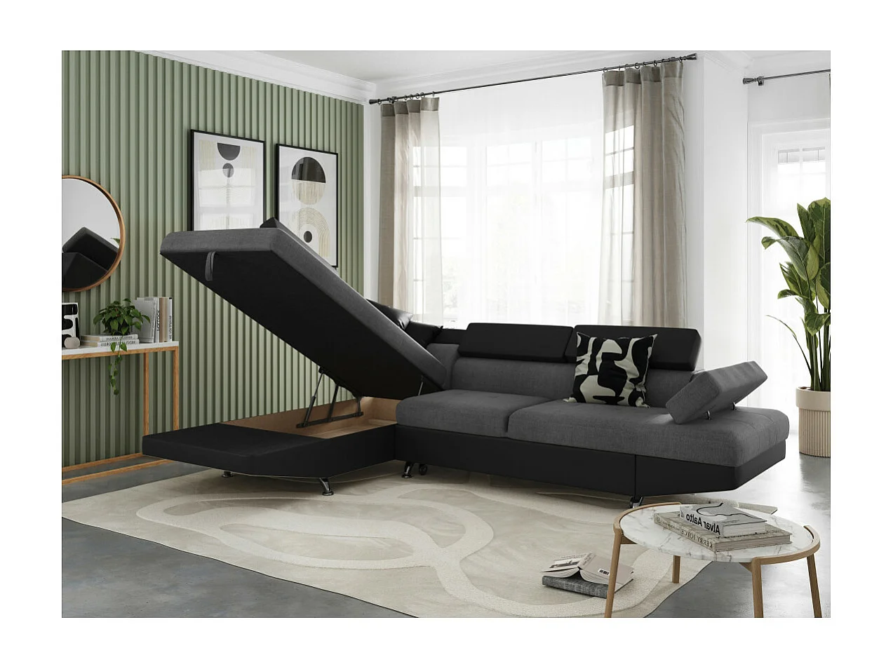 Canapé d'angle gauche 5 places Rio convertible avec coffre en tissu et simili - Gris/Noir - L271 x P192 x H70cm - Loungitude
