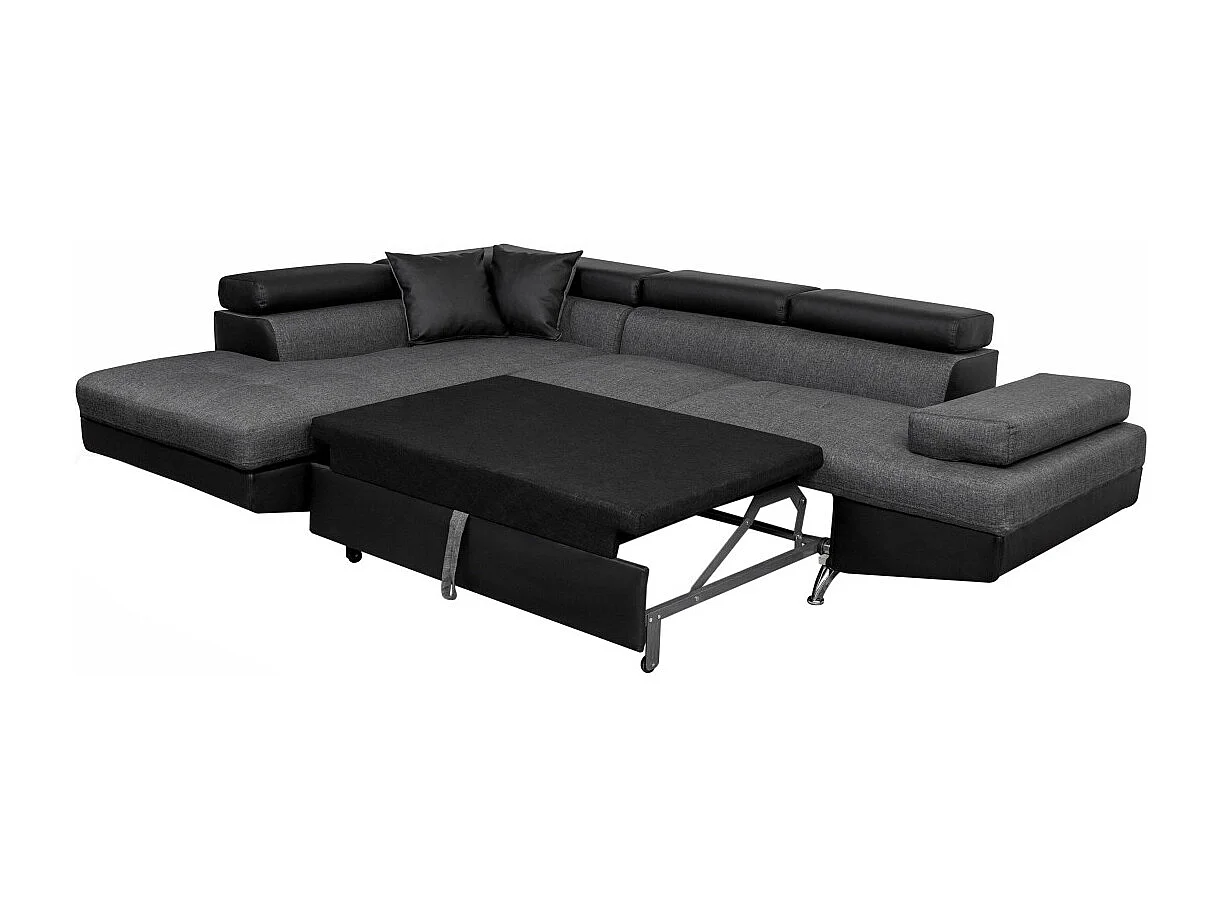 Canapé d'angle gauche 5 places Rio convertible avec coffre en tissu et simili - Gris/Noir - L271 x P192 x H70cm - Loungitude