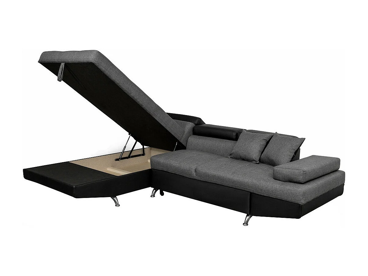 Canapé d'angle gauche 5 places Rio convertible avec coffre en tissu et simili - Gris/Noir - L271 x P192 x H70cm - Loungitude