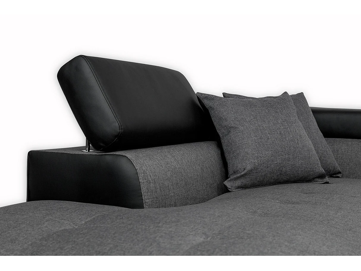 Canapé d'angle gauche 5 places Rio convertible avec coffre en tissu et simili - Gris/Noir - L271 x P192 x H70cm - Loungitude