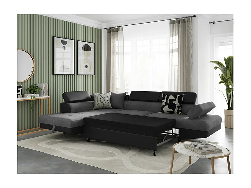 Canapé d'angle gauche 5 places Rio convertible avec coffre en tissu et simili - Gris/Noir - L271 x P192 x H70cm - Loungitude