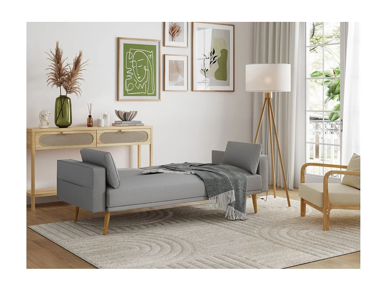 Canapé droit scandinave Elga convertible 3 places en tissu - Gris clair - L205 x 87 x 85cm - Loungitude