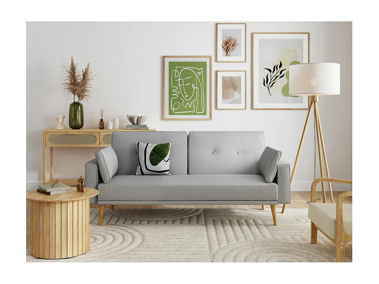 Canapé droit scandinave Elga convertible 3 places en tissu - Gris clair - L205 x 87 x 85cm - Loungitude