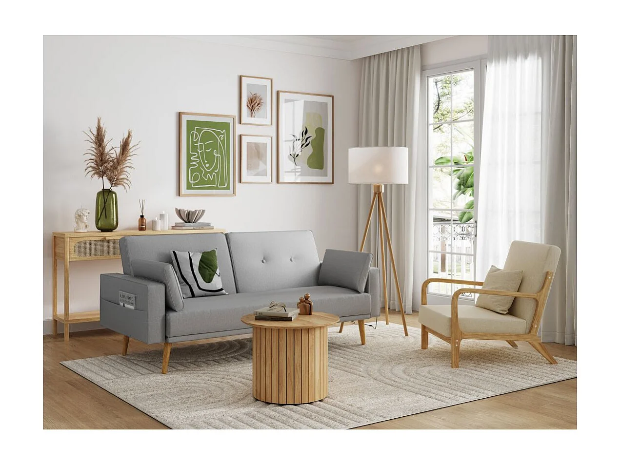 Canapé droit scandinave Elga convertible 3 places en tissu - Gris clair - L205 x 87 x 85cm - Loungitude