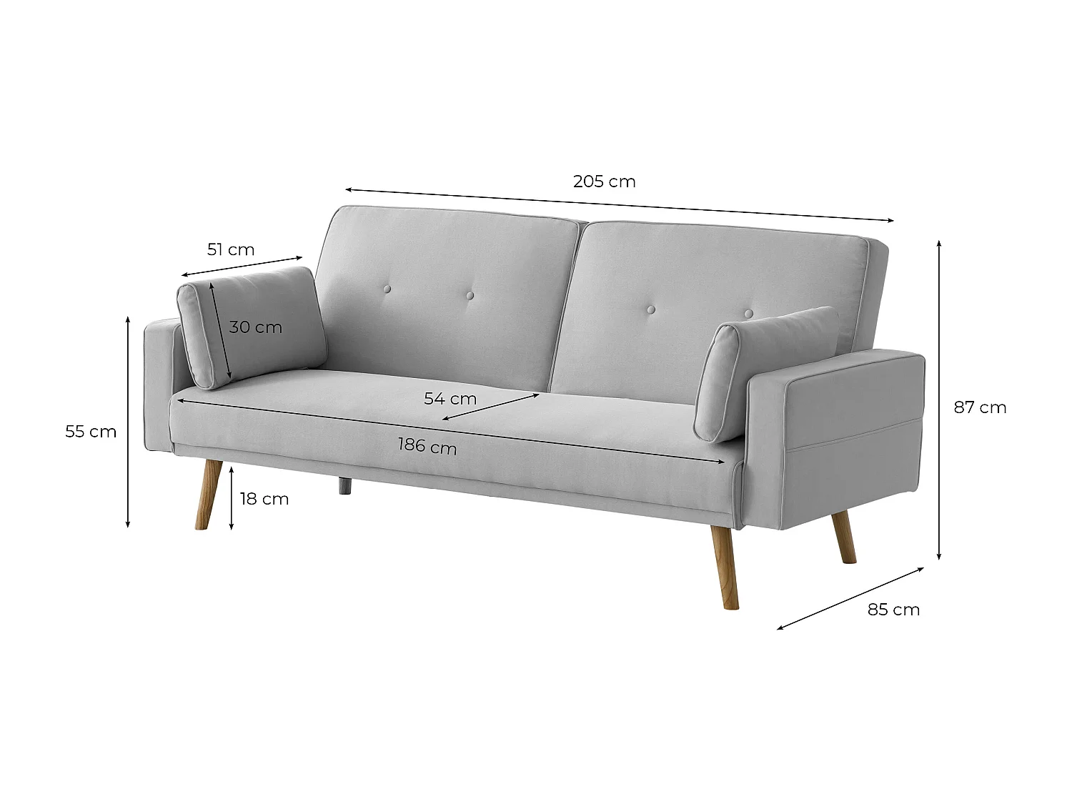 Canapé droit scandinave Elga convertible 3 places en tissu - Gris clair - L205 x 87 x 85cm - Loungitude