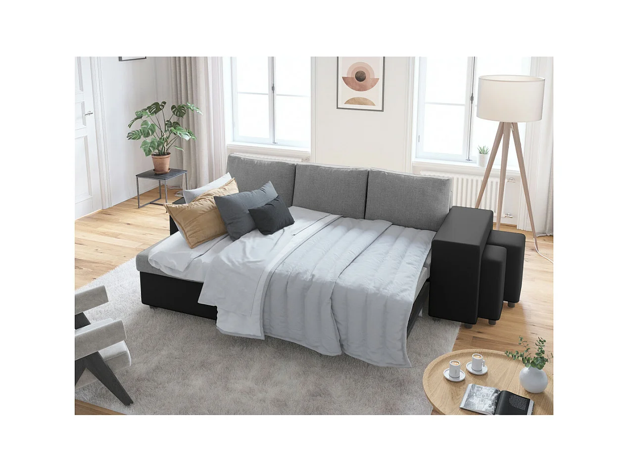 Canapé d'angle 3 places réversible Oslo avec coffre et poufs droit en tissu et simili - Noir/Gris - L241 x P146 x H81cm - Loungitude