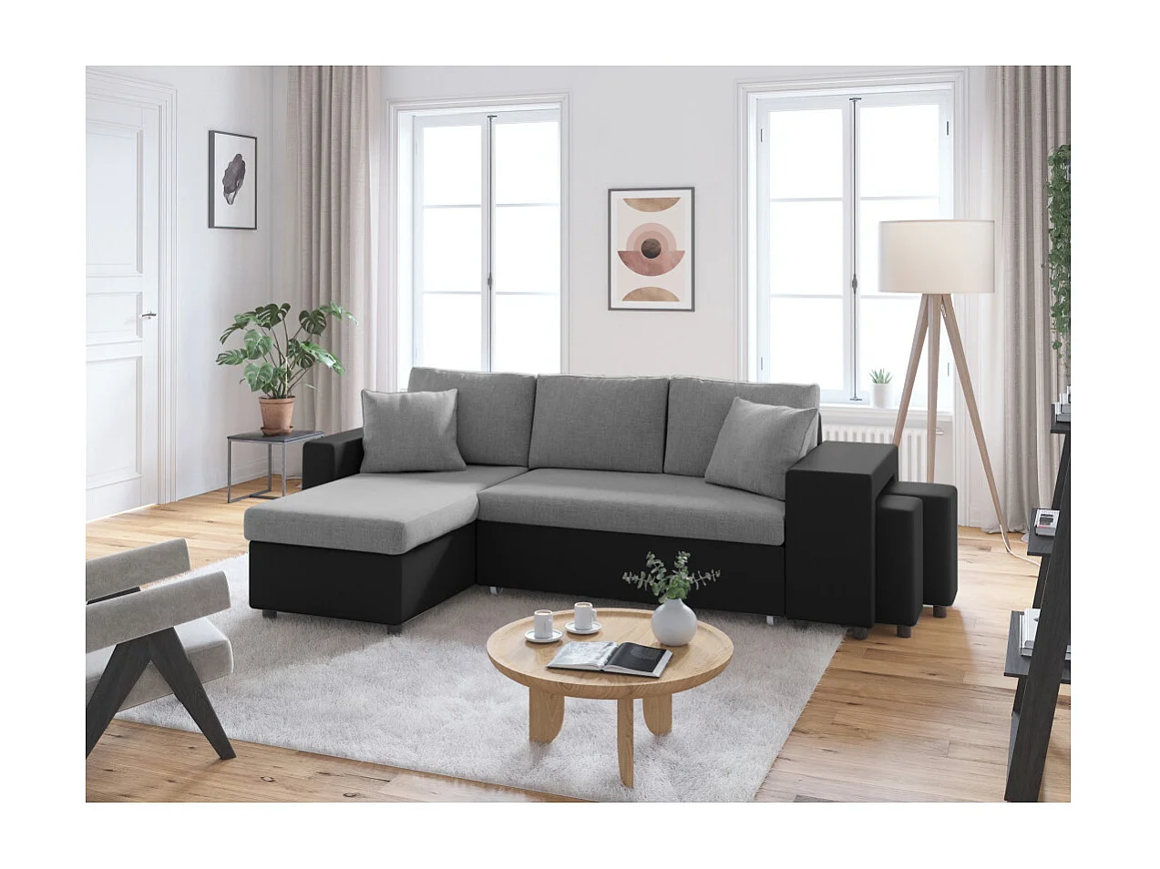 Canapé d'angle 3 places réversible Oslo avec coffre et poufs droit en tissu et simili - Noir/Gris - L241 x P146 x H81cm - Loungitude