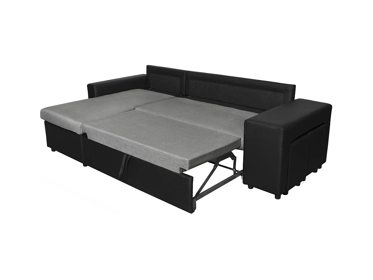 Canapé d'angle 3 places réversible Oslo avec coffre et poufs droit en tissu et simili - Noir/Gris - L241 x P146 x H81cm - Loungitude
