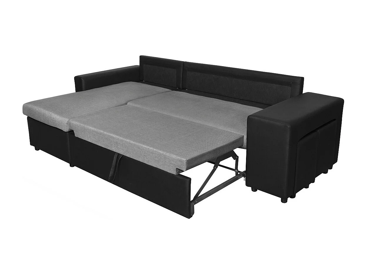 Canapé d'angle 3 places réversible Oslo avec coffre et poufs droit en tissu et simili - Noir/Gris - L241 x P146 x H81cm - Loungitude