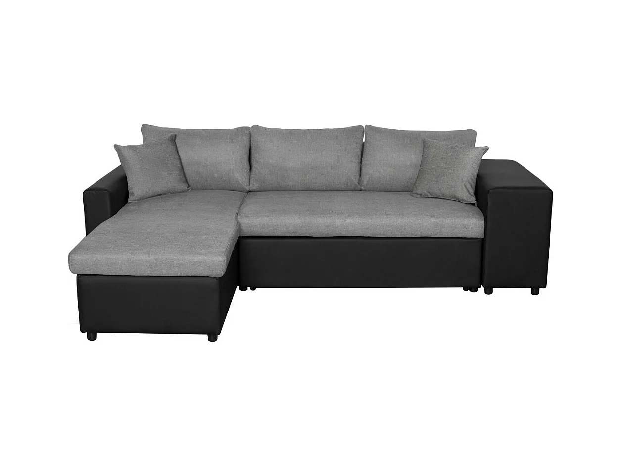 Canapé d'angle 3 places réversible Oslo avec coffre et poufs droit en tissu et simili - Noir/Gris - L241 x P146 x H81cm - Loungitude