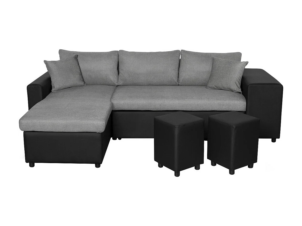 Canapé d'angle 3 places réversible Oslo avec coffre et poufs droit en tissu et simili - Noir/Gris - L241 x P146 x H81cm - Loungitude