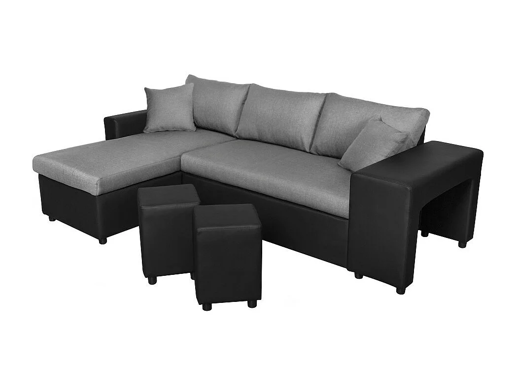 Canapé d'angle 3 places réversible Oslo avec coffre et poufs droit en tissu et simili - Noir/Gris - L241 x P146 x H81cm - Loungitude