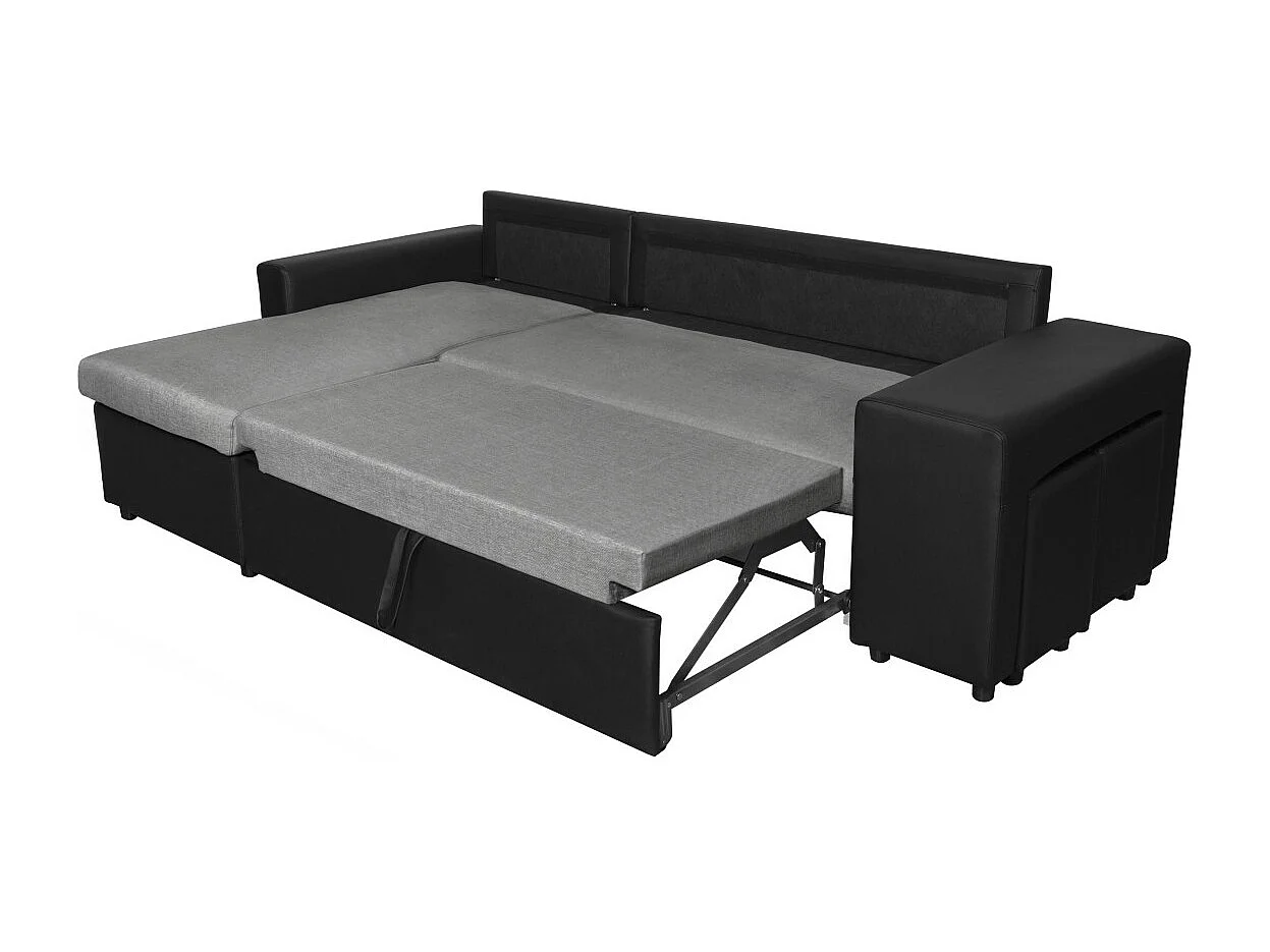 Canapé d'angle 3 places réversible Oslo avec coffre et poufs droit en tissu et simili - Noir/Gris - L241 x P146 x H81cm - Loungitude
