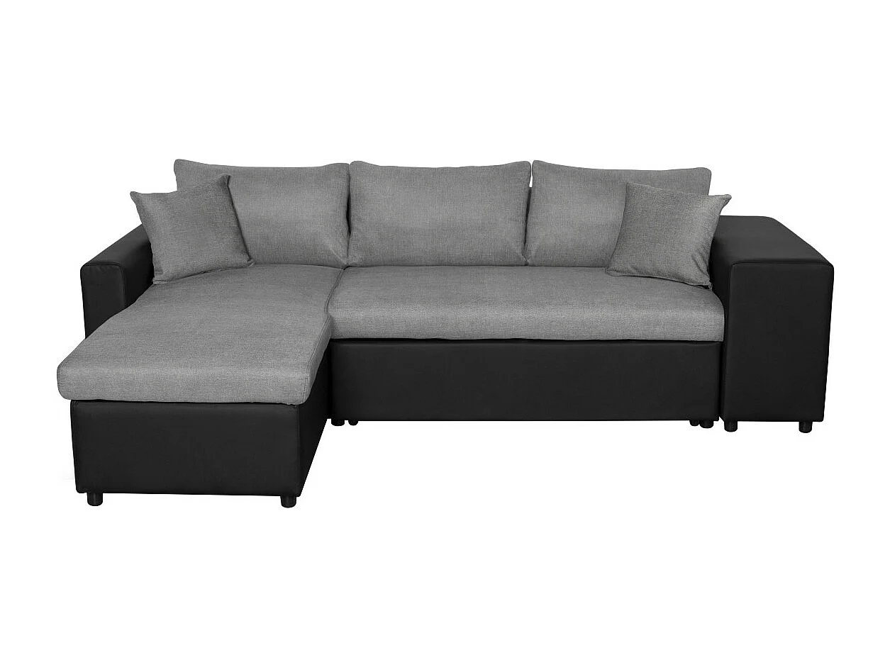Canapé d'angle 3 places réversible Oslo avec coffre et poufs droit en tissu et simili - Noir/Gris - L241 x P146 x H81cm - Loungitude