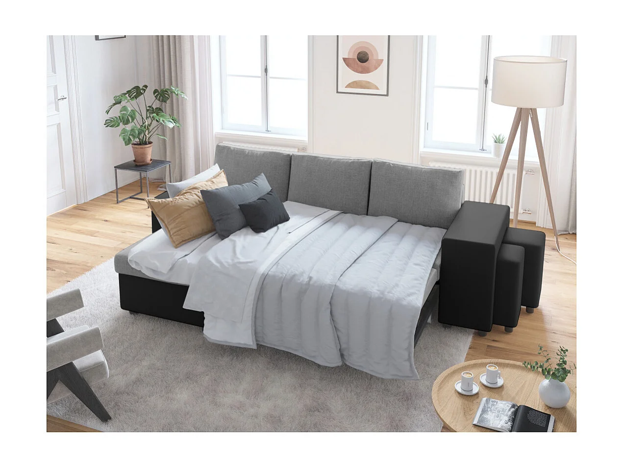 Canapé d'angle 3 places réversible Oslo avec coffre et poufs droit en tissu et simili - Noir/Gris - L241 x P146 x H81cm - Loungitude