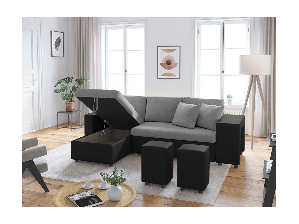 Canapé d'angle 3 places réversible Oslo avec coffre et poufs droit en tissu et simili - Noir/Gris - L241 x P146 x H81cm - Loungitude