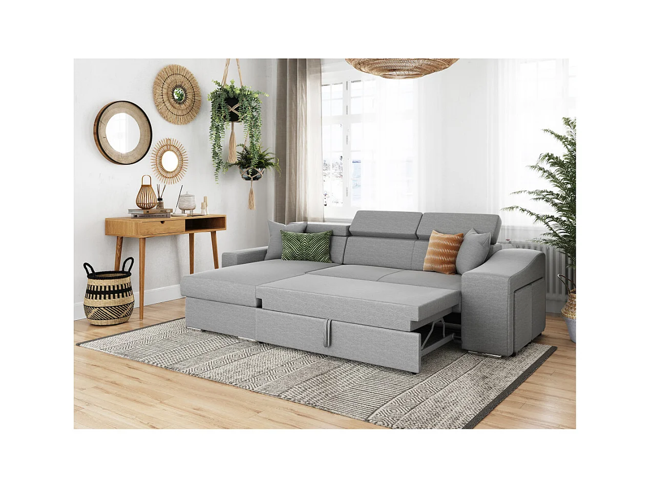 Canapé d'angle Elona Convertible en tissu gris clair avec poufs de rangement à droite - L264 x P162 x H75cm - Loungitude