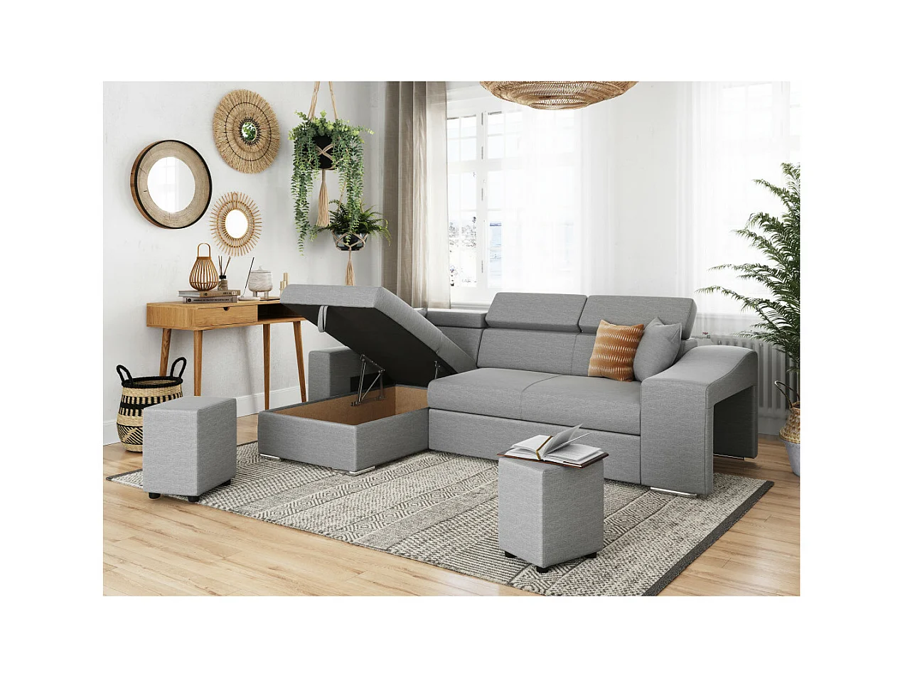 Canapé d'angle Elona Convertible en tissu gris clair avec poufs de rangement à droite - L264 x P162 x H75cm - Loungitude