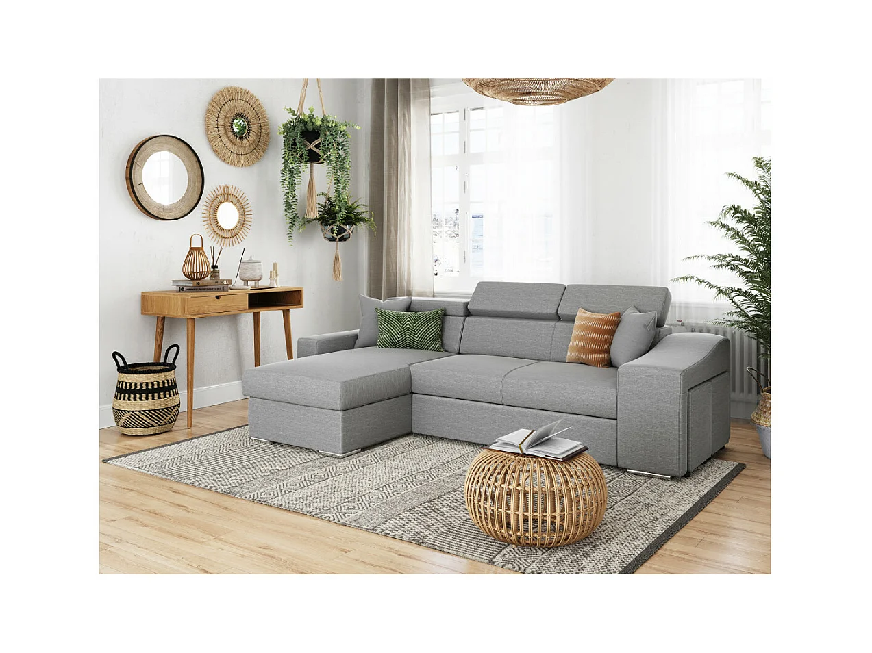 Canapé d'angle Elona Convertible en tissu gris clair avec poufs de rangement à droite - L264 x P162 x H75cm - Loungitude