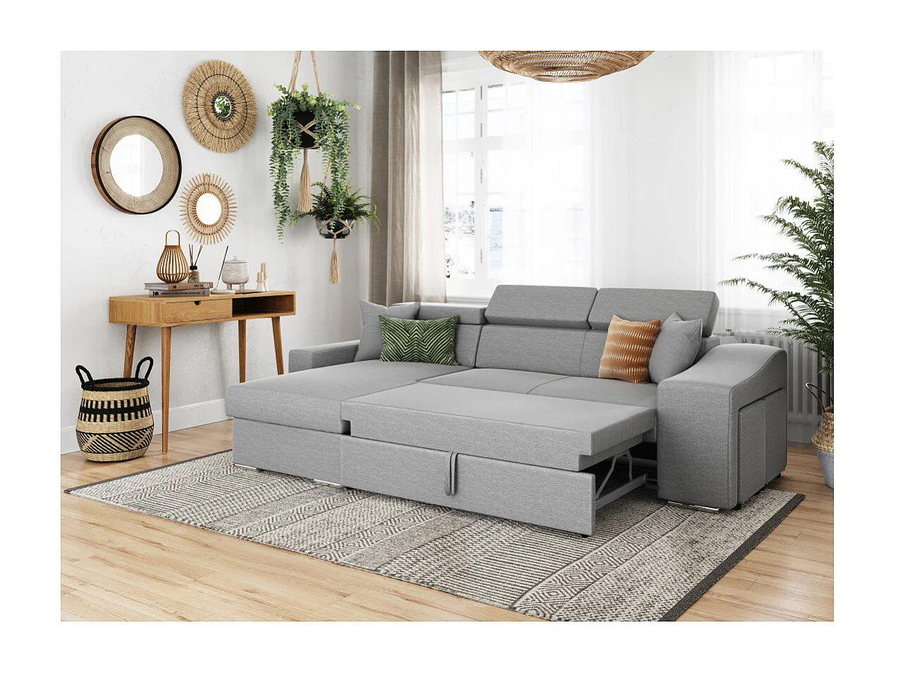 Canapé d'angle Elona convertible en tissu gris clair avec poufs de rangement à droite - L264 x P162 x H75cm - Loungitude