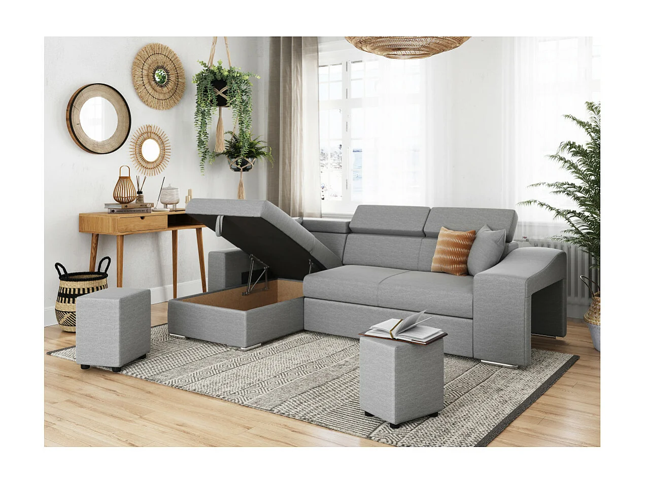 Canapé d'angle Elona convertible en tissu gris clair avec poufs de rangement à droite - L264 x P162 x H75cm - Loungitude