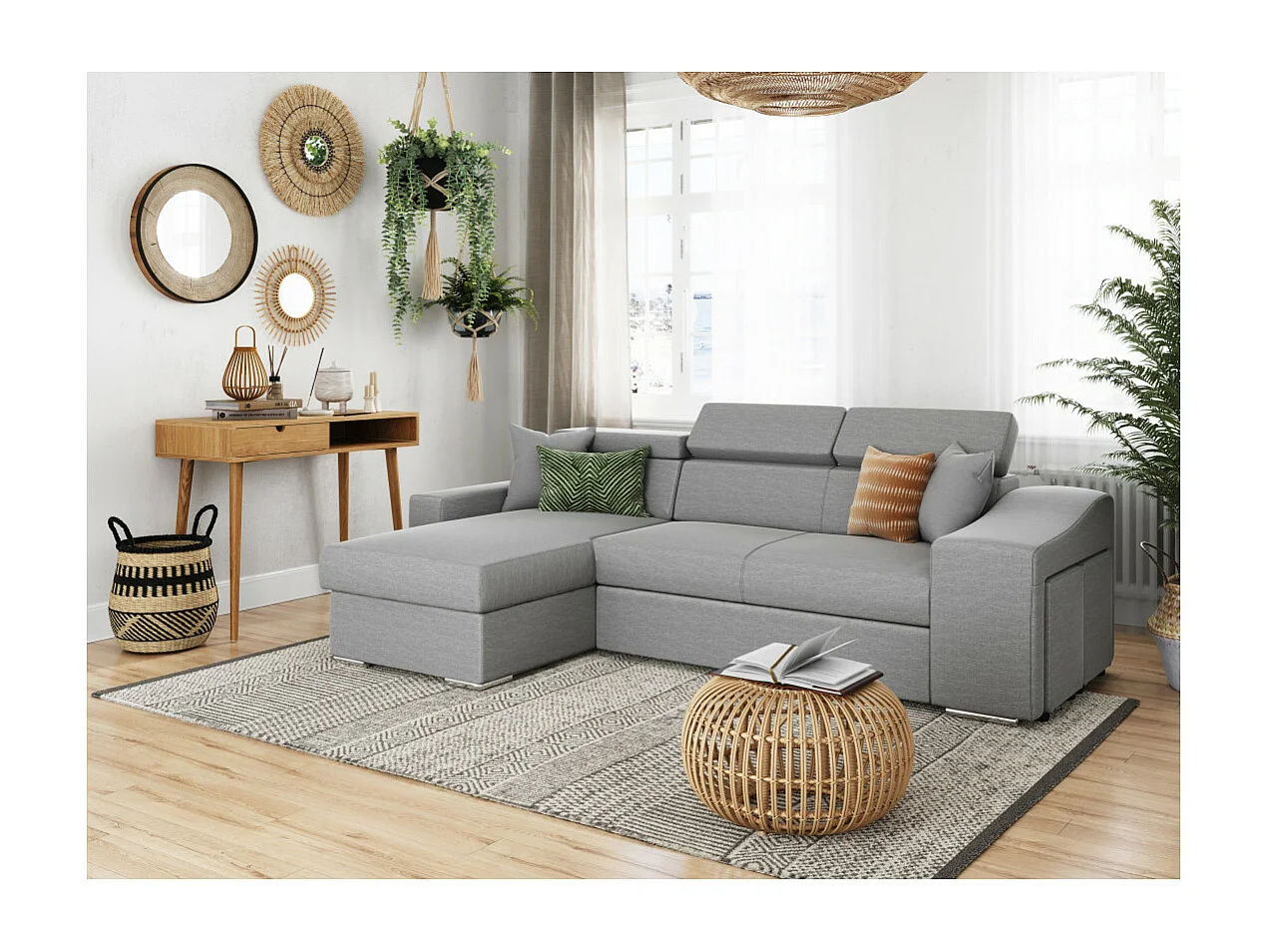 Canapé d'angle Elona convertible en tissu gris clair avec poufs de rangement à droite - L264 x P162 x H75cm - Loungitude