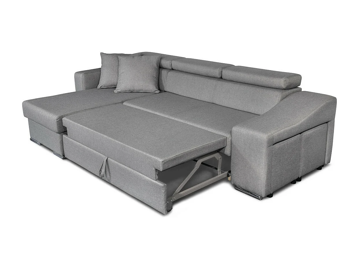 Canapé d'angle Elona convertible en tissu gris clair avec poufs de rangement à droite - L264 x P162 x H75cm - Loungitude