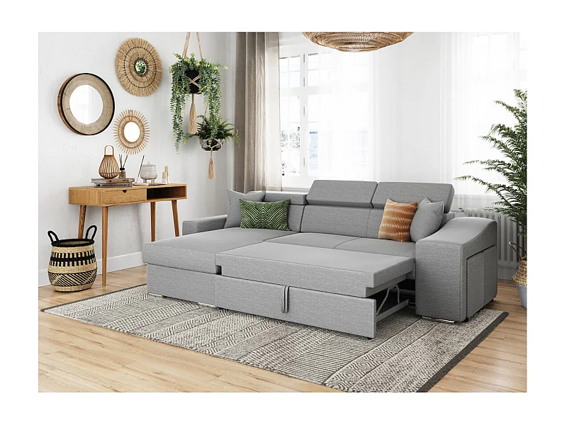 Canapé d'angle Elona convertible en tissu gris clair avec poufs de rangement à droite - L264 x P162 x H75cm - Loungitude