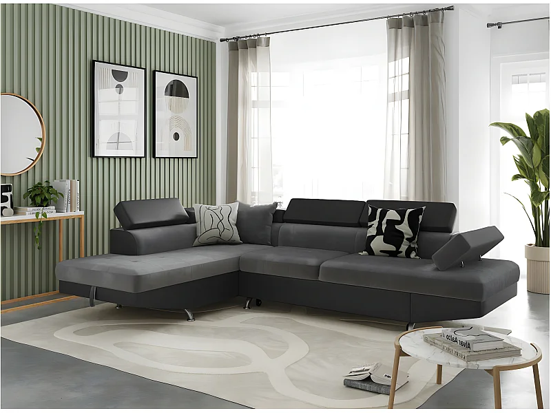 Canapé d'angle gauche 5 places Rio Convertible avec coffre en microfibre et simili - Gris/Noir - L271 x P192 x H70cm - Loungitude