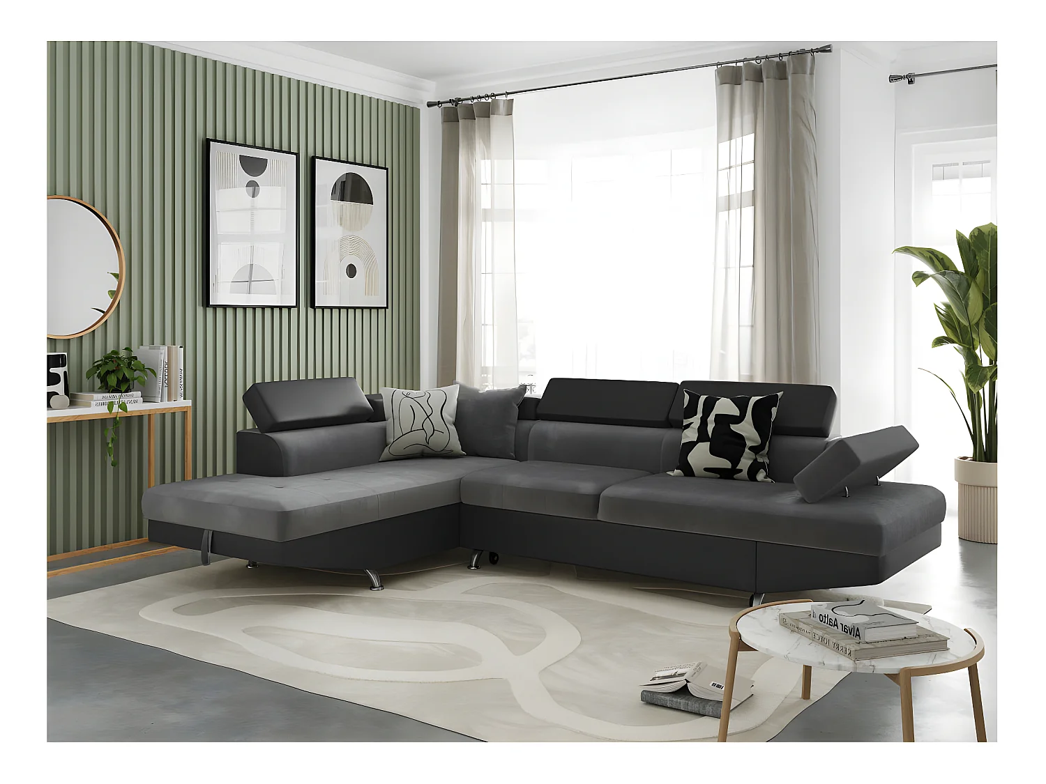 Canapé d'angle gauche 5 places Rio Convertible avec coffre en microfibre et simili - Gris/Noir - L271 x P192 x H70cm - Loungitude