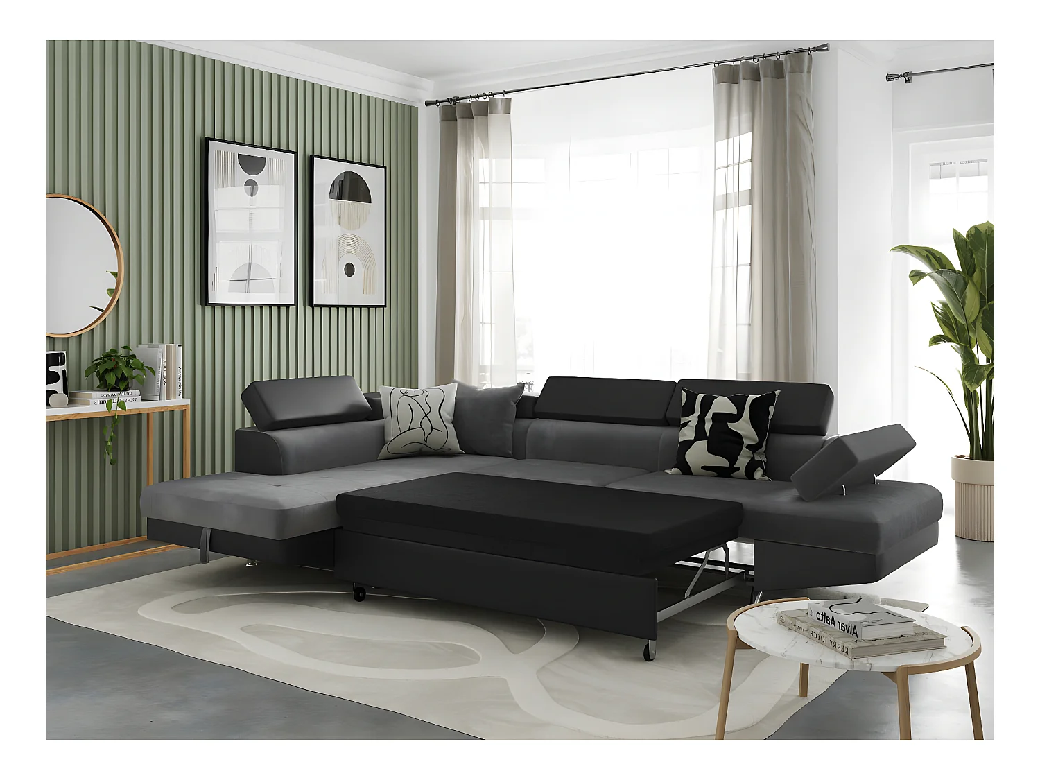 Canapé d'angle gauche 5 places Rio Convertible avec coffre en microfibre et simili - Gris/Noir - L271 x P192 x H70cm - Loungitude