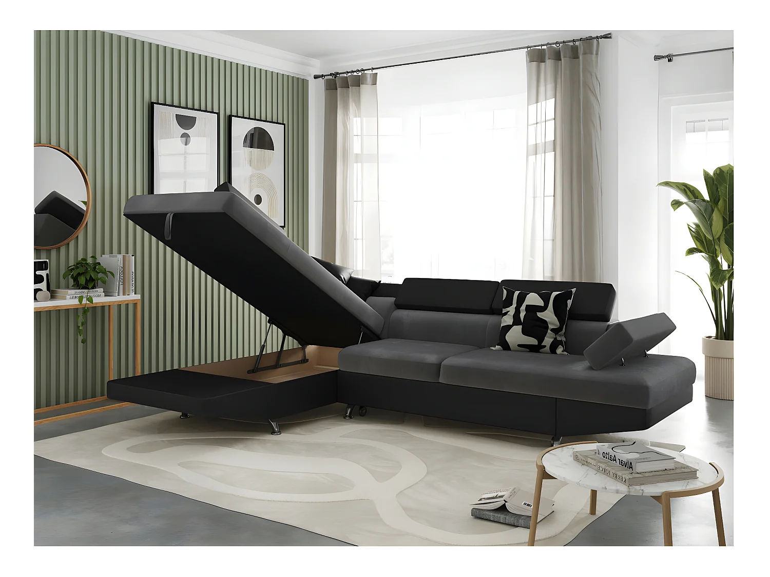 Canapé d'angle gauche 5 places Rio Convertible avec coffre en microfibre et simili - Gris/Noir - L271 x P192 x H70cm - Loungitude