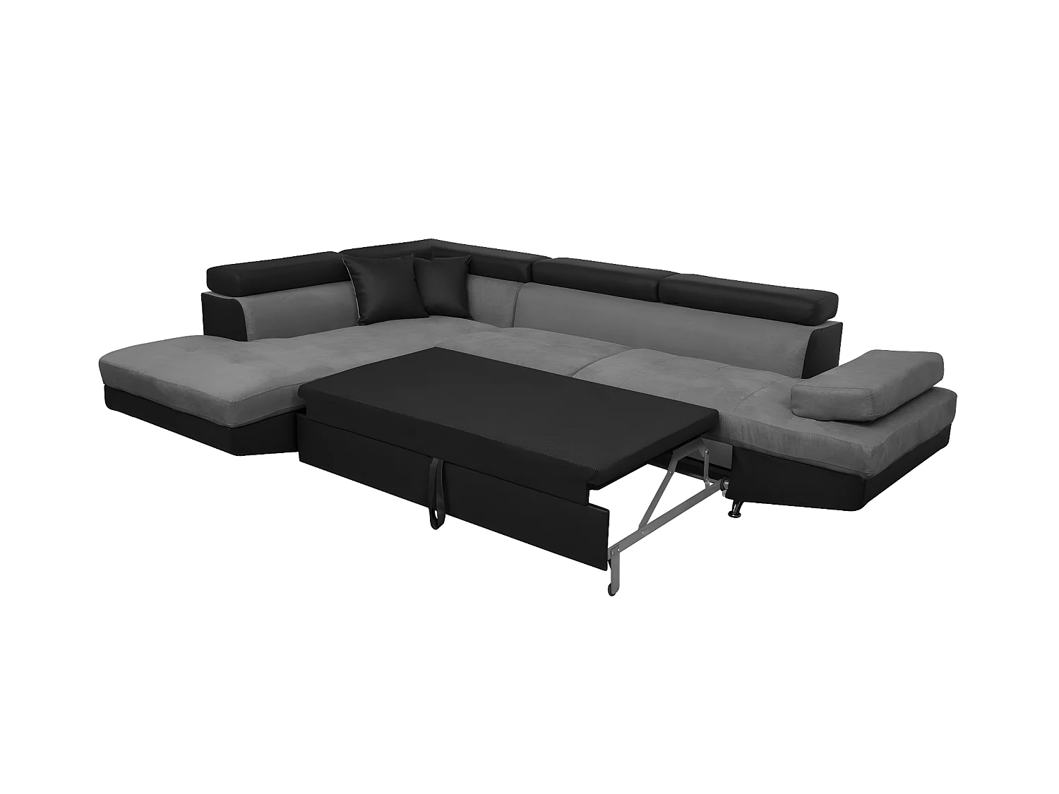Canapé d'angle gauche 5 places Rio Convertible avec coffre en microfibre et simili - Gris/Noir - L271 x P192 x H70cm - Loungitude