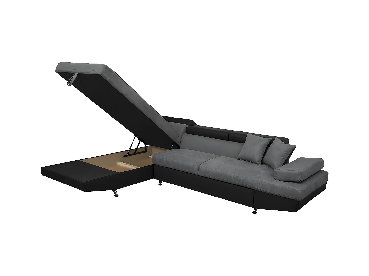 Canapé d'angle gauche 5 places Rio Convertible avec coffre en microfibre et simili - Gris/Noir - L271 x P192 x H70cm - Loungitude