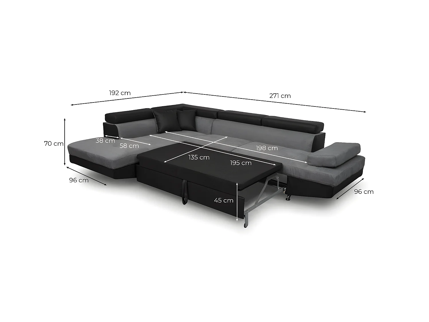 Canapé d'angle gauche 5 places Rio Convertible avec coffre en microfibre et simili - Gris/Noir - L271 x P192 x H70cm - Loungitude