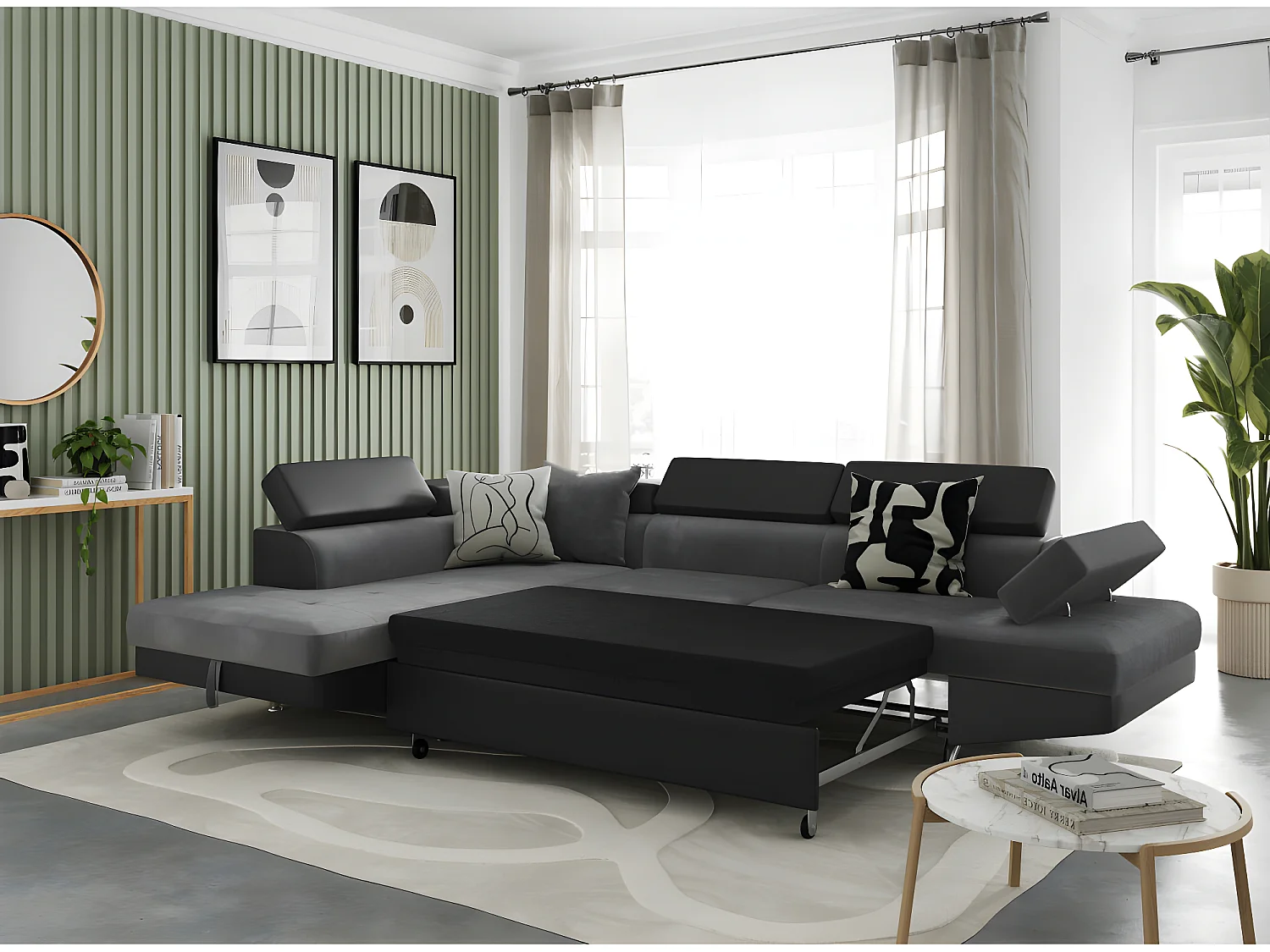 Canapé d'angle gauche 5 places Rio convertible avec coffre en microfibre et simili - Gris/Noir - L271 x P192 x H70cm - Loungitude