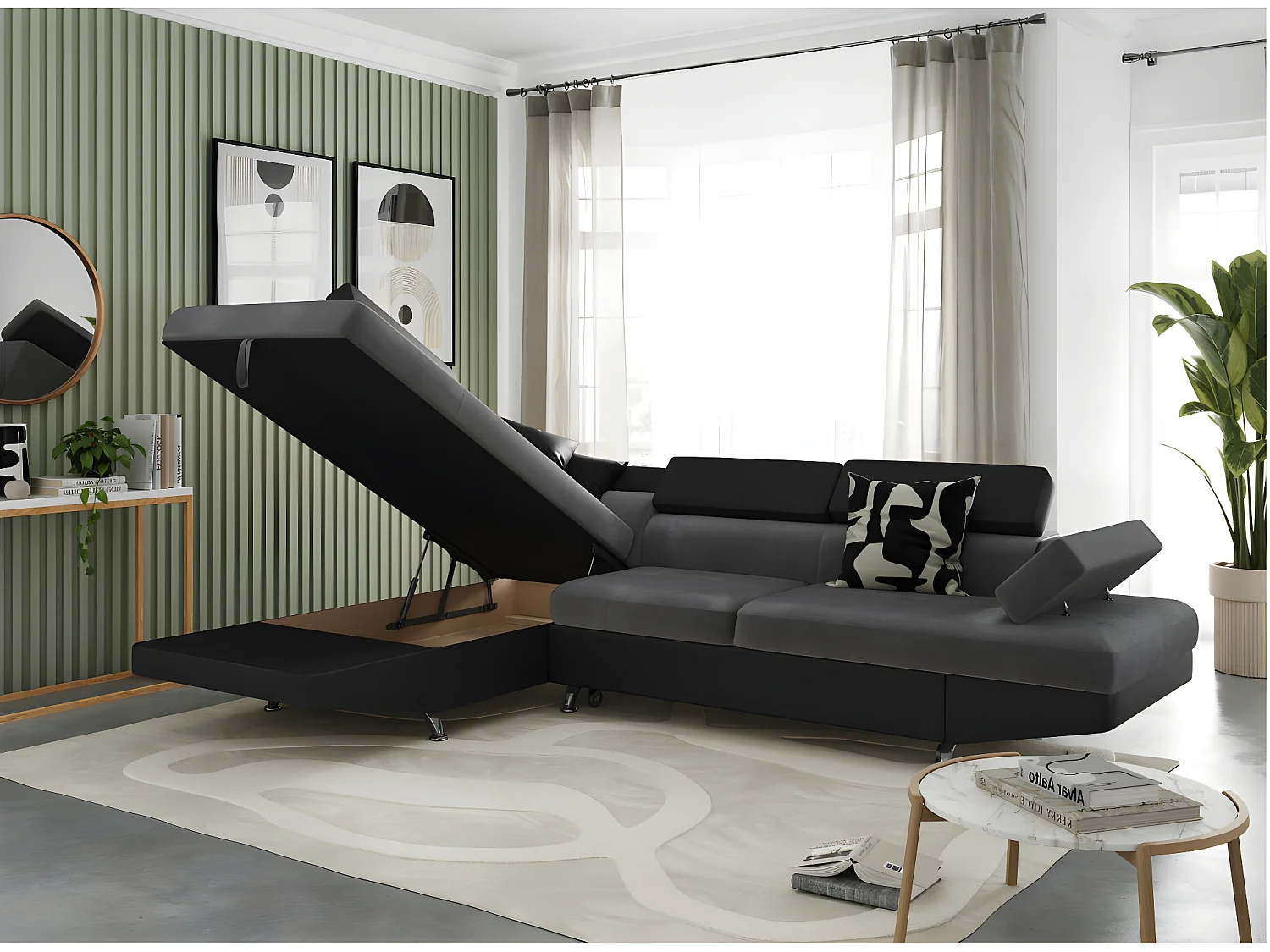 Canapé d'angle gauche 5 places Rio convertible avec coffre en microfibre et simili - Gris/Noir - L271 x P192 x H70cm - Loungitude