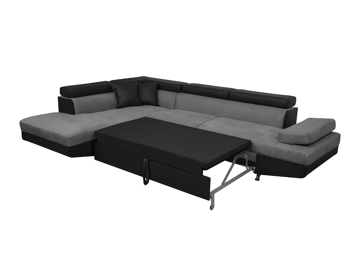 Canapé d'angle gauche 5 places Rio convertible avec coffre en microfibre et simili - Gris/Noir - L271 x P192 x H70cm - Loungitude