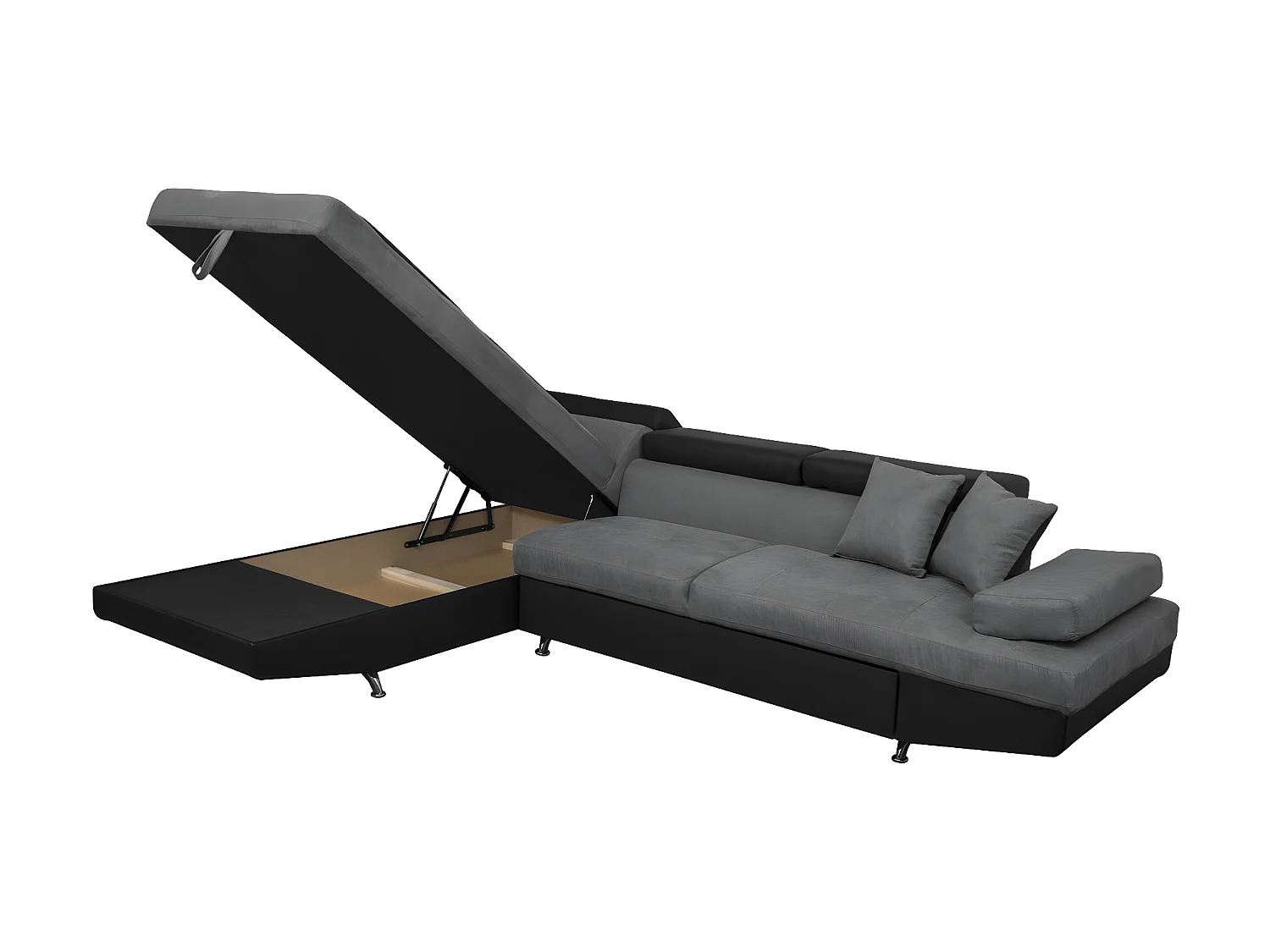 Canapé d'angle gauche 5 places Rio convertible avec coffre en microfibre et simili - Gris/Noir - L271 x P192 x H70cm - Loungitude