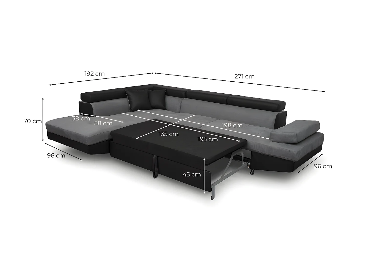 Canapé d'angle gauche 5 places Rio convertible avec coffre en microfibre et simili - Gris/Noir - L271 x P192 x H70cm - Loungitude