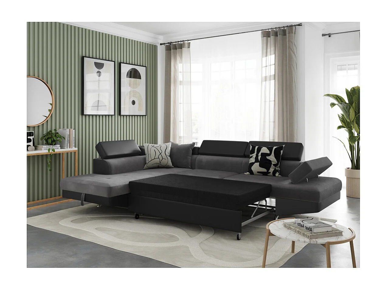 Canapé d'angle gauche 5 places Rio convertible avec coffre en microfibre et simili - Gris/Noir - L271 x P192 x H70cm - Loungitude
