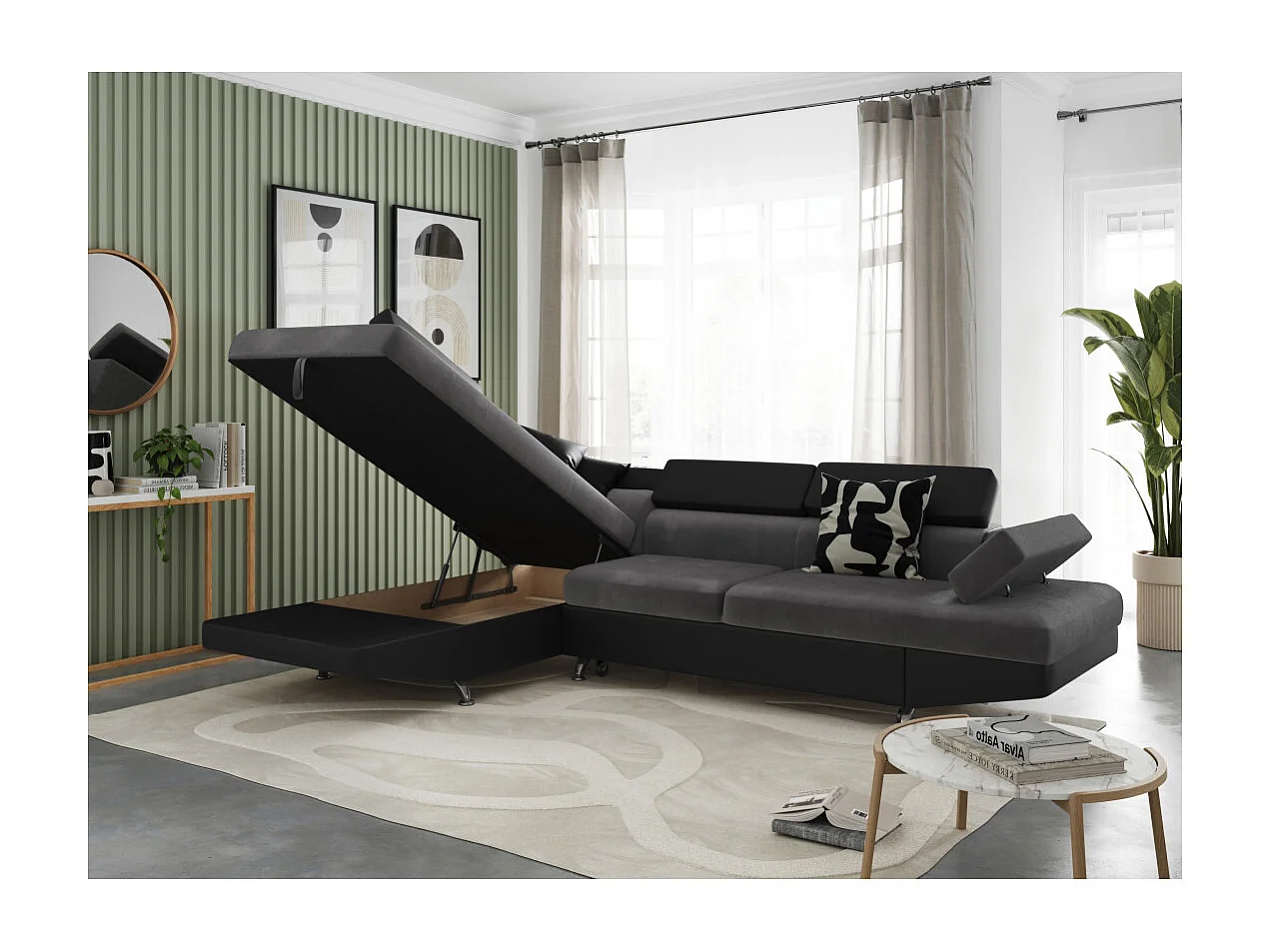 Canapé d'angle gauche 5 places Rio convertible avec coffre en microfibre et simili - Gris/Noir - L271 x P192 x H70cm - Loungitude