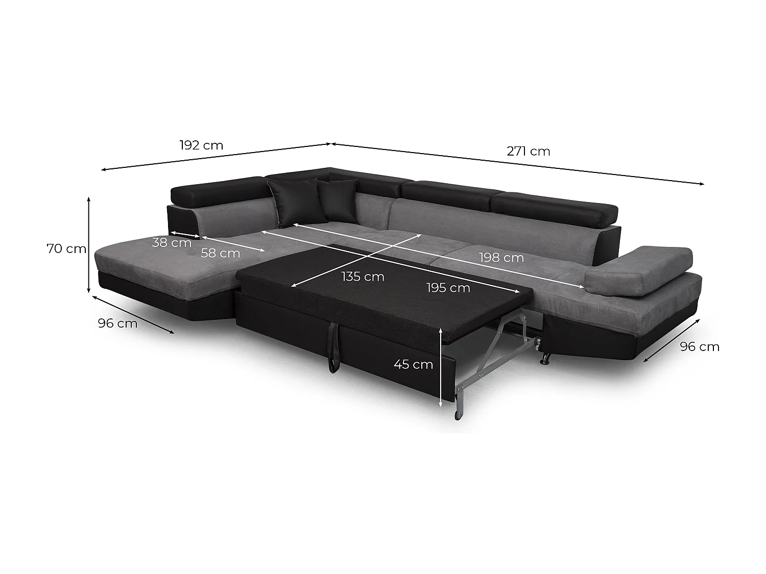 Canapé d'angle gauche 5 places Rio convertible avec coffre en microfibre et simili - Gris/Noir - L271 x P192 x H70cm - Loungitude